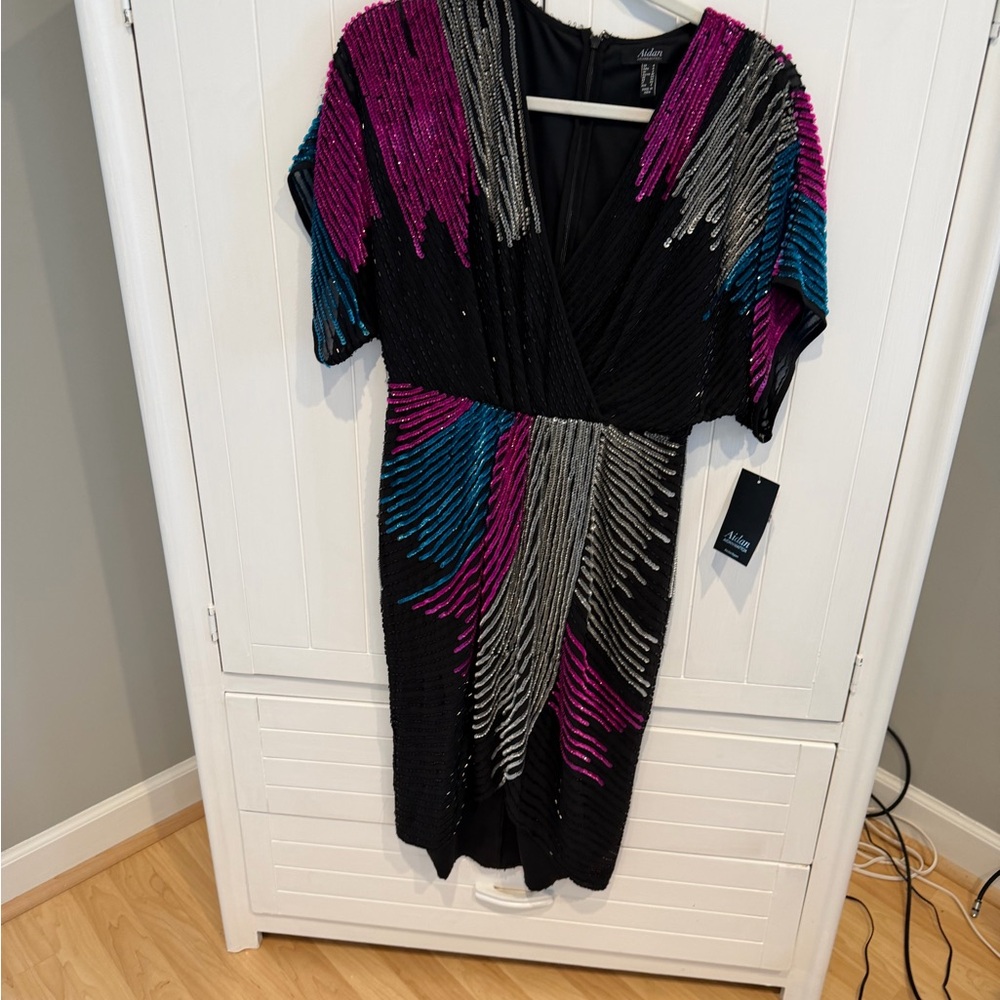 Aidan Mattox Black Midi Dress with Magenta, Teal & Silver Beading